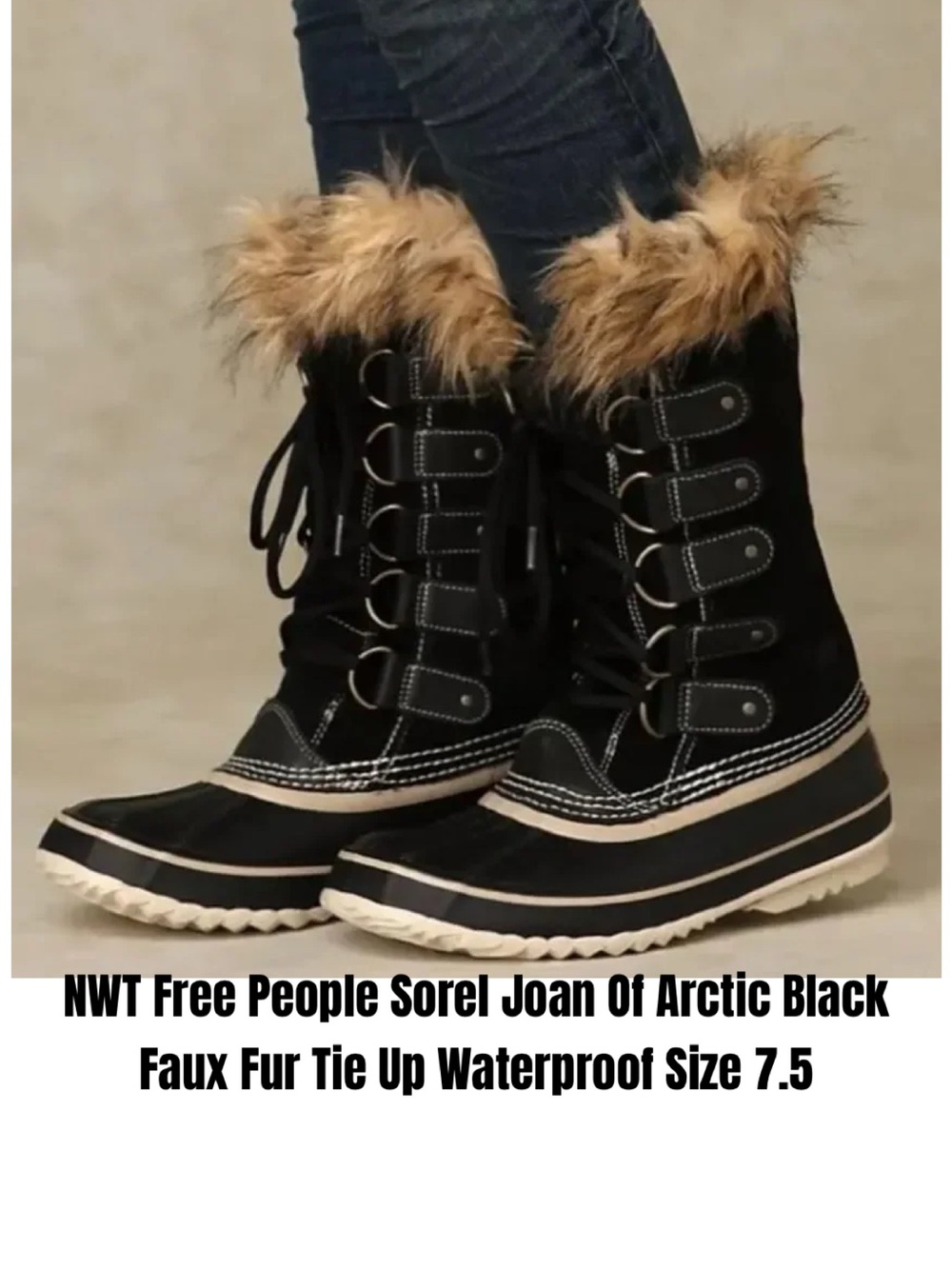 Free People Sorel Joan Of Arctic Black Faux Fur Tie Up Waterproof Size 7.5